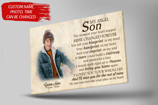 Son Remembrance Personalized Canvas| My Angel Son in Heaven| Memorial Gifts, Sympathy Gifts for Loss of Son, Son Bereavement Keepsake, Youth Cancer Condolence Gifts| N2403