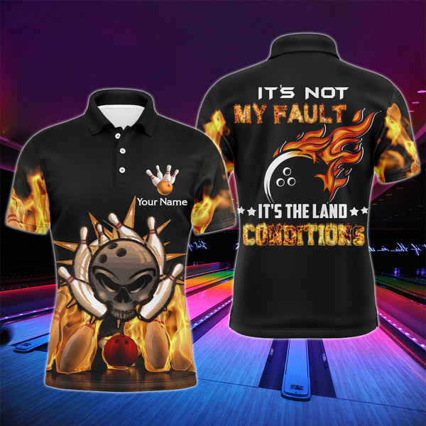 Skull Flame Bowling Polo Shirt for Men, Funny Custom Bowlers Jersey Short Sleeve NBP102