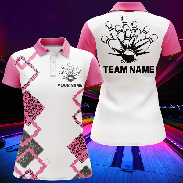 Personalized Women Bowling Polo Shirt Pink Leopard Girl Short Sleeve Team Female Bowlers Jersey NBP07