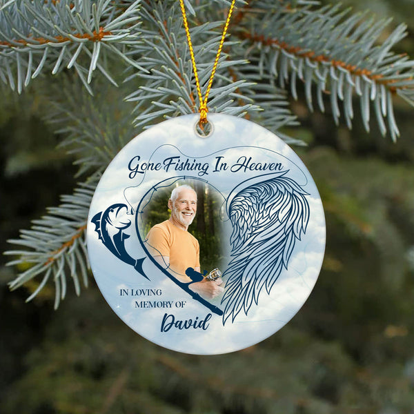 Personalized Gone Fishing in Heaven Ornament for Dad Fishing Lover in Heaven| Custom Photo Name Year Angel Wing and Hook Ornament| Remembrance Ornament for Loss Father AP332