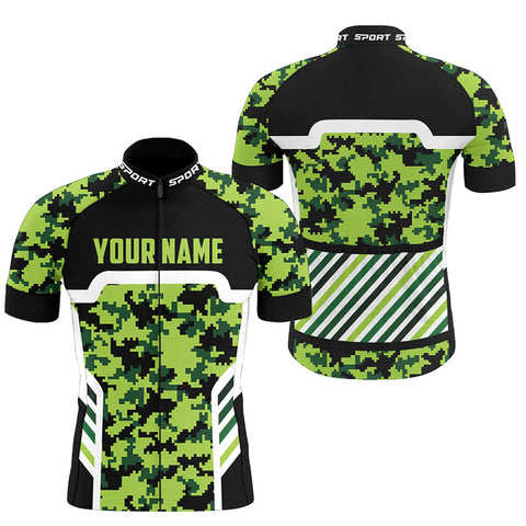 Green camouflage Mens cycling jersey with pockets UPF50+ Custom bike shirts Full zip bicycle gear| SLC188