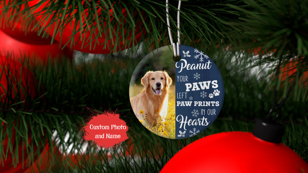 Pet Memorial Ornament Custom Photo - Paw Prints in Our Hearts| Pet Loss Christmas Ornament, Remembrance for Loss of Dog, Loss of Cat, Sympathy Gift for Dog Owners| NOM14