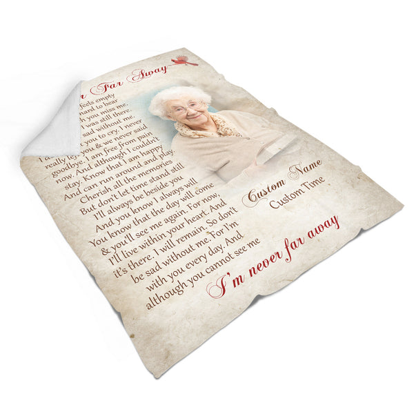 Memorial Blanket| Never Far Away Cardinal Blanket - Custom Memorial Gift Sympathy Gift for Loss of Loved One, Father, Mother| Condolence Gift for Funeral Memorial Service| JB229