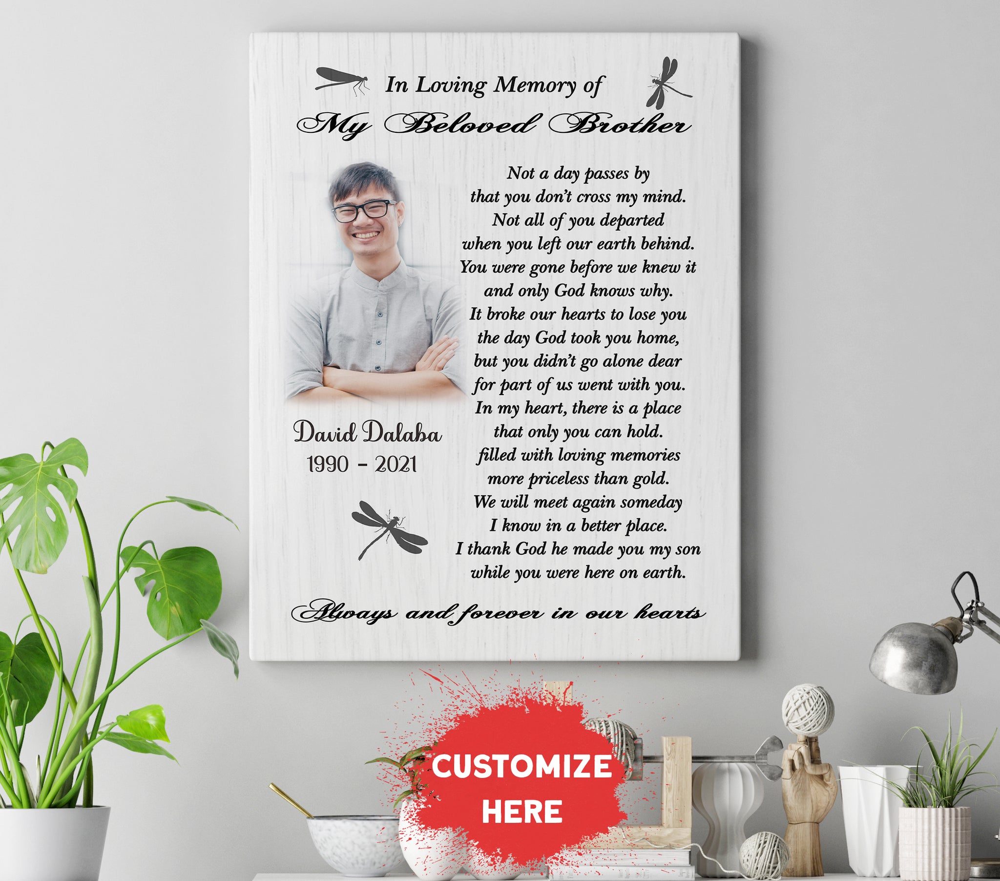 Personalized Brother Memorial Canvas - In Memory of Brother in Heaven Memorial Gift for Loss of Brother Sympathy Gift for Loss of Brother, Brother Remembrance Canvas - JC768