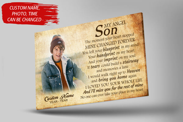 Son Remembrance Personalized Canvas| My Angel Son in Heaven| Memorial Gifts, Sympathy Gifts for Loss of Son, Son Bereavement Keepsake, Youth Cancer Condolence Gifts| N2405