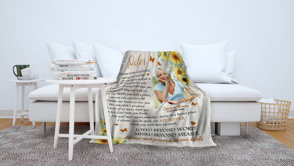 Personalized Sister Memorial Blanket - Butterfly & Sunflower Fleece Blanket Memorial Sympathy Gift for Loss Sister In Loving Memory of Sister Remembrance Blanket Condolence Gift - JB261