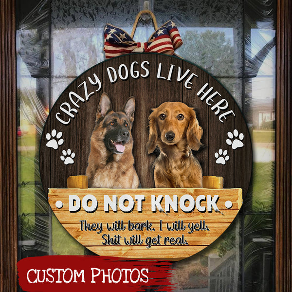 Personalized Dog Door Hanger| Crazy Dogs Live Here Door Round Wood Sign Funny Dog Sign Welcome Sign Dog Lover Decoration for Front Door, Home| Dog Mom Gift Dog Lover Gift| JDH49