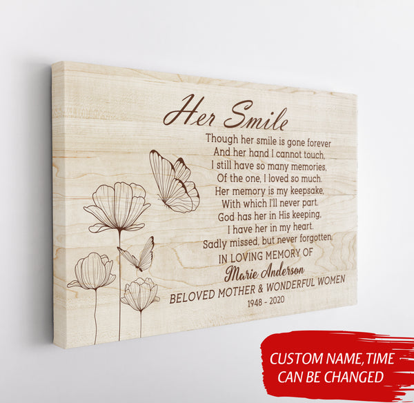 Memorial Canvas - Her Smile Memorial Wall Art Personalized Butterfly Memorial Canvas Sympathy Gift for Loss of Loved One Mother Wife Sister In Loving Memory - JC761