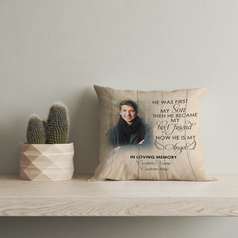 Son Memorial Personalized Pillow, First My Son Now My Angel Sympathy Gift 1-sided Print Pillow NPL188