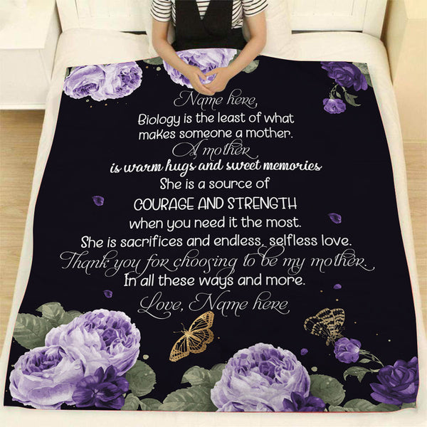 Personalized Blanket for Bonus Mom| Mother Purple Floral Fleece Blanket| Sentimental Gift for Adopted Mom, Bonus Mom, Stepmom, Stepmother on Mom's Birthday Christmas Mother's Day| JB211