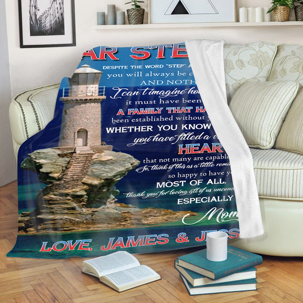 Dear Stepdad Blanket - Custom Name Blanket| Lighthouse Blanket Gift for Stepdad Bonus Dad| Thoughtful Gift for Stepfather| Stepdad Gift for Christmas, Father's Day, Birthday| JB99