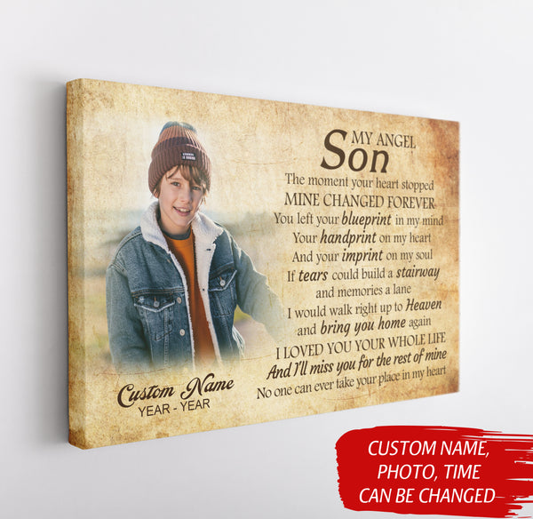 Son Remembrance Personalized Canvas| My Angel Son in Heaven| Memorial Gifts, Sympathy Gifts for Loss of Son, Son Bereavement Keepsake, Youth Cancer Condolence Gifts| N2405