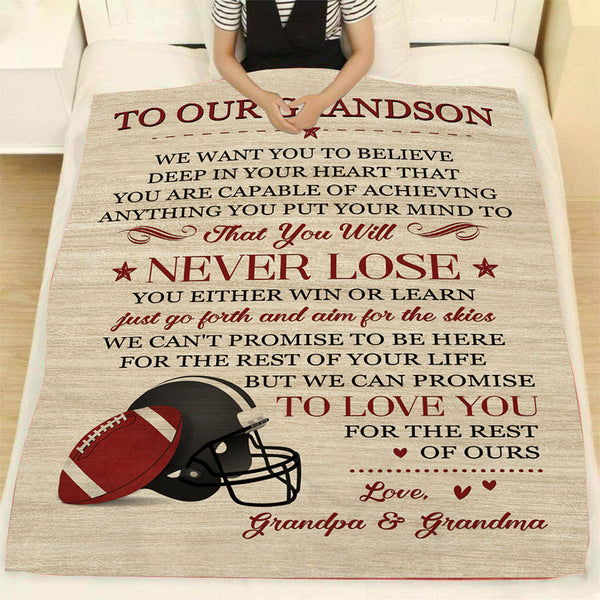 Grandson Football Blanket - To My Grandson You Will Never Lose Courage Fleece Throw from Grandma, Gift for American Football Boy| T912