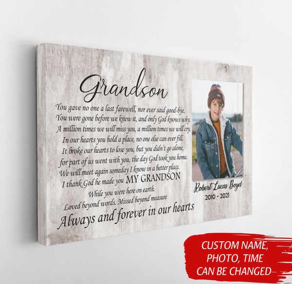 Grandson Memorial Canvas - Personalized Memorial Gift for Loss of Grandson Sympathy Gift In Memory of Grandson Remembrance Canvas Bereavement Condolence Keepsake Gift for Grandson - JC752