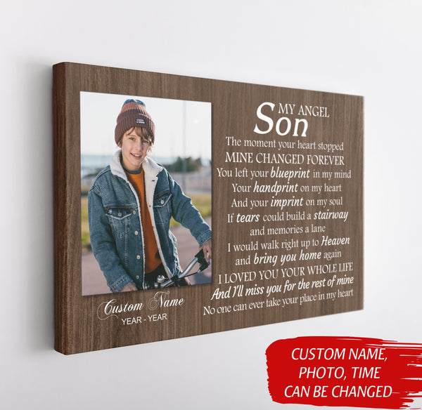 Son Remembrance Personalized Canvas| My Angel Son in Heaven| Memorial Gifts, Sympathy Gifts for Loss of Son, Son Bereavement Keepsake, Youth Cancer Condolence Gifts| N2404