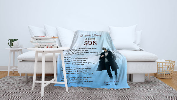 Memorial Blanket - Son in Memory Custom Picture Blanket| Meaningful Remembrance Fleece Throw, Deepest Grief Sympathy Gift, Loss of Son Memorial Blankets and Throws| N2394