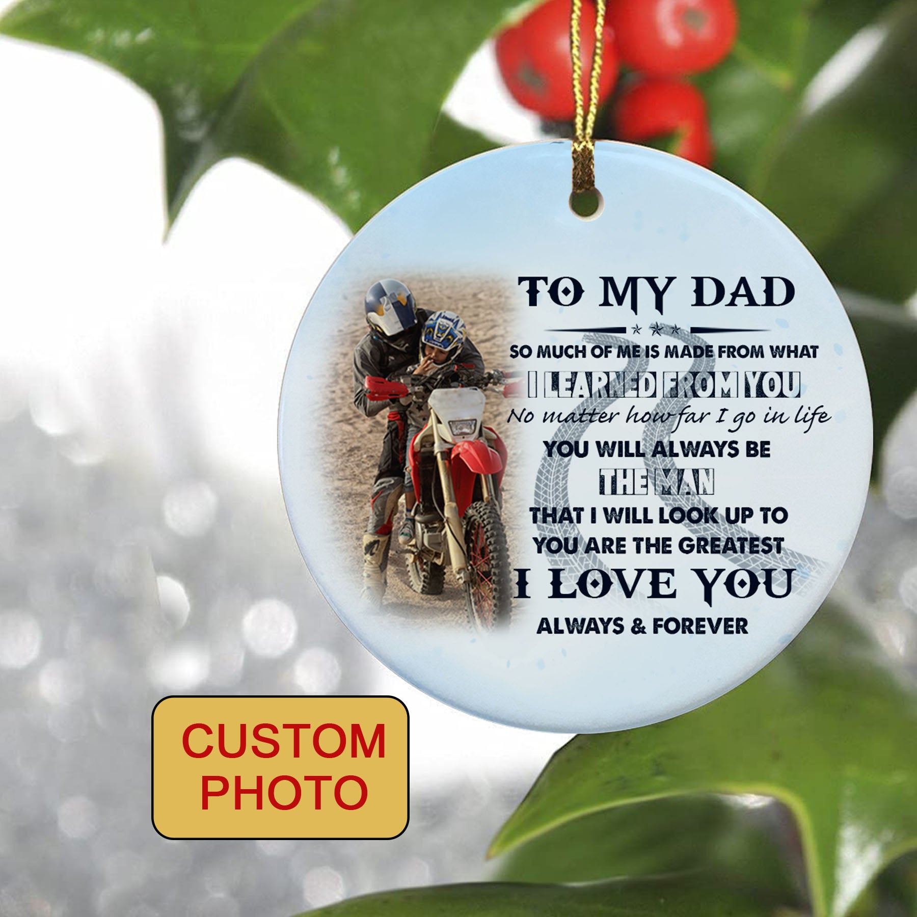 Dad Biker Christmas ceramic ornament with picture to my Dad Motocross dirt bike motorcycle ornament NOM237