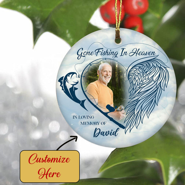 Personalized Gone Fishing in Heaven Ornament for Dad Fishing Lover in Heaven| Custom Photo Name Year Angel Wing and Hook Ornament| Remembrance Ornament for Loss Father AP332