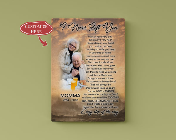 Personalized Canvas I Never Left You Memorial Sympathy Gift for Loss of Loved One Bereavement Keepsake| N2620