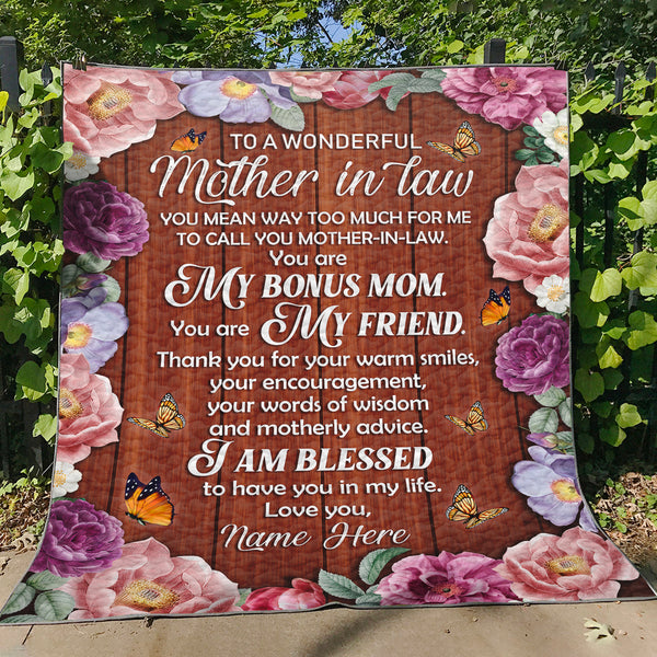 To A Wonderful Mother In Law Blanket - Custom Blanket| Floral Blank Gift for Mother In Law from Bride Groom| Mother In Law Gift on Christmas Mother's Day Wedding Shower Day| JB62