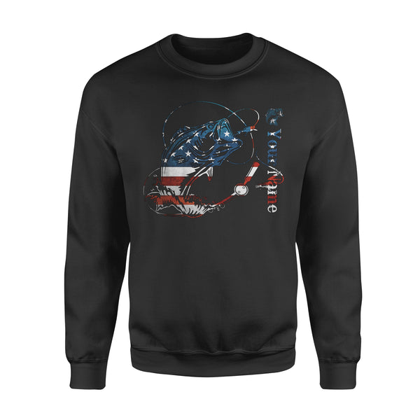 US Bass Fishing American Flag 4th July Custom name Crew Neck Sweatshirt D02 NQS1248