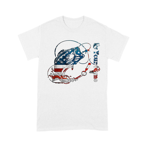 US Bass Fishing American Flag 4th July Custom name T-shirt D02 NQS1248