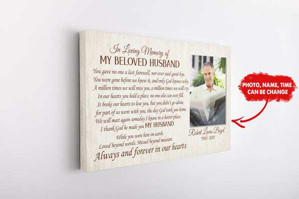 Memorial Canvas| In Loving Memory of My Beloved Husband Wall Art with Picture| Personalized Memorial Gift for Loss of Husband| Sympathy Gift for Husband in Heaven| JC677