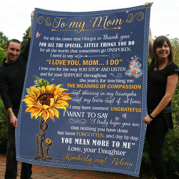 To My Mom Blanket - Custom Name Sunflower Blanket| Blue Blanket for Mom Mother Gift from Daughter Son| Thoughtful Gift for Mom on Christmas Mother's Day Birthday| JB67