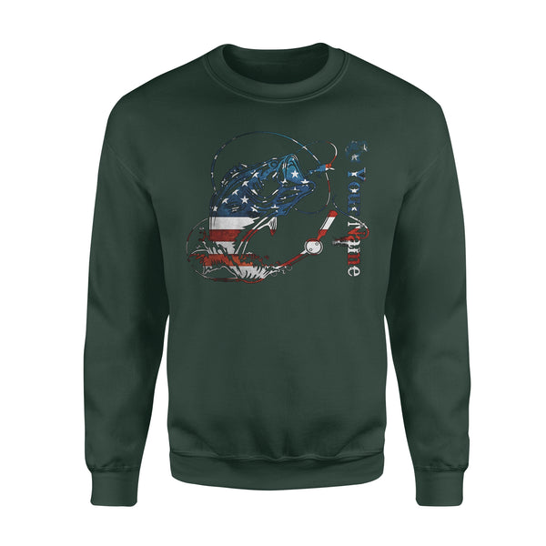 US Bass Fishing American Flag 4th July Custom name Crew Neck Sweatshirt D02 NQS1248