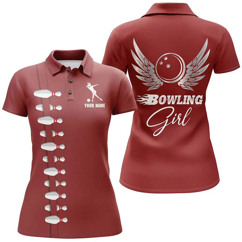 Personalized Women Bowling Polo Shirt, Bowling Girl Beautiful Wings Bowlers Jersey NBP35