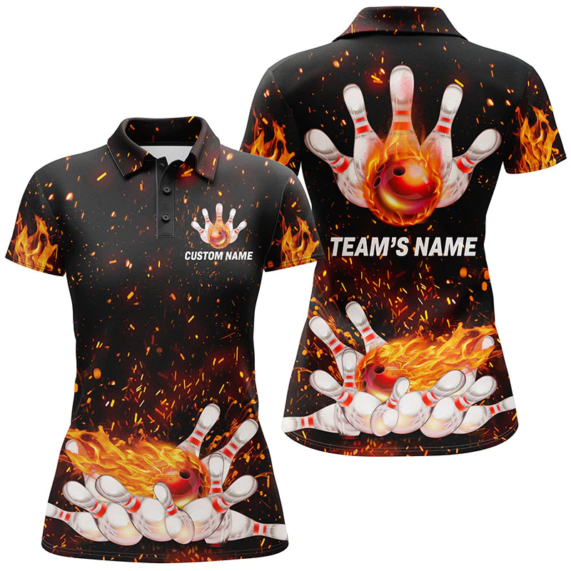 Flame Bowling Women Polo Shirt, Personalized Team Bowlers Jersey Short Sleeves NBP66