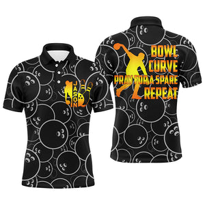 Funny Men Bowling Polo Shirt, Bowl Curve Pray Repeat, Personalized Name Short Sleeves Bowlers Jersey NBP41