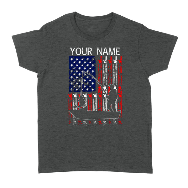 American flag 4th July fisherman kayak fishing custom name US fishing rod D05 NQS1244 - Standard Women's T-shirt