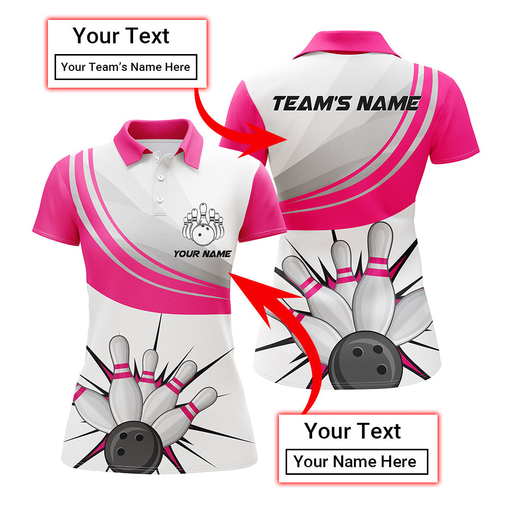 Bowling Polo Shirt for Women Pink Personalized Bowlers Team Short Sleeves Jersey NBP108