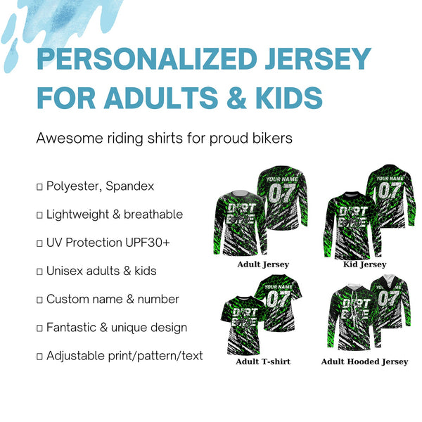 Custom dirt bike jersey UPF30+ kid mens womens green motocross racing off-road motorcycle racewear NMS946