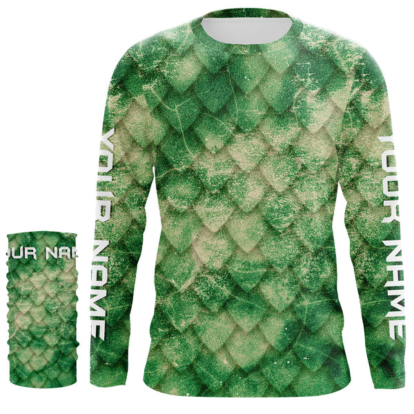 Fish scales Green Background Custom name UV Long sleeve Fishing Shirts | Bass tournament Fishing apparel - TMTS036