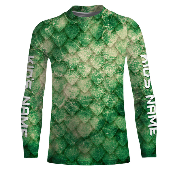 Fish scales Green Background Custom name UV Long sleeve Fishing Shirts | Bass tournament Fishing apparel - TMTS036