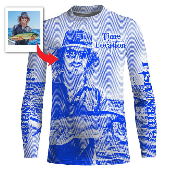 Fishing Shirt Custom Name, Image, Time, Location 3D UV protection Shirts UPF 30+ Fishing gift| Blue - TMTS050