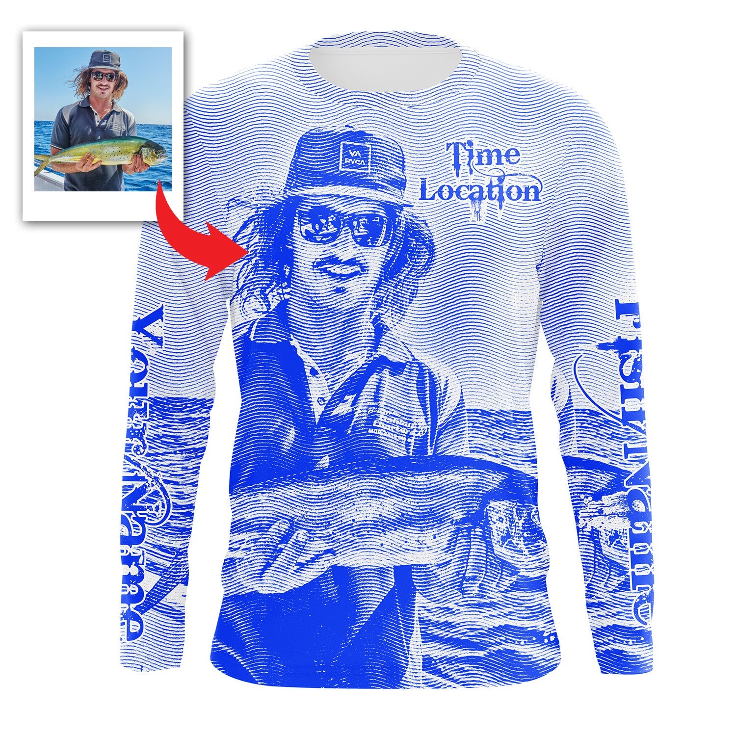 Fishing Shirt Custom Name, Image, Time, Location 3D UV protection Shirts UPF 30+ Fishing gift| Blue - TMTS050