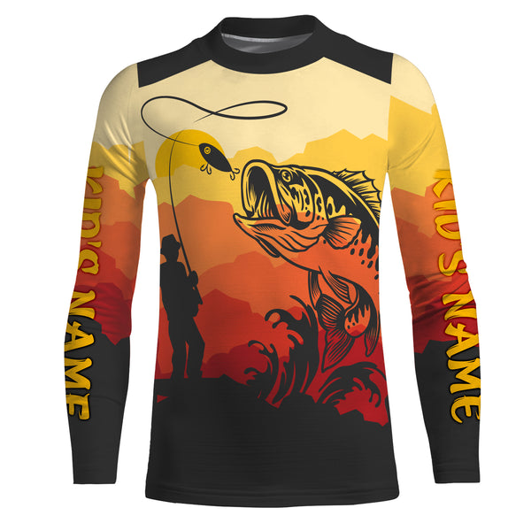 Bass Fishing Sunset Background Custom Name Long Sleeve Fishing Shirts, Bass Fishing jerseys - TMTS044