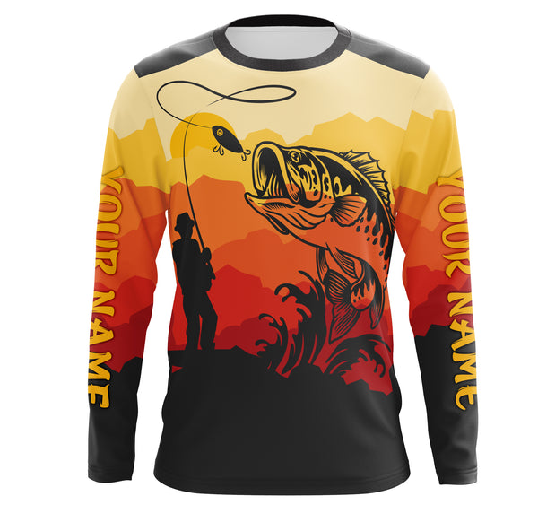 Bass Fishing Sunset Background Custom Name Long Sleeve Fishing Shirts, Bass Fishing jerseys - TMTS044