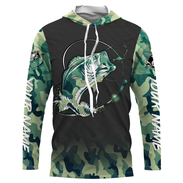 Bass Fishing Bass tattoo green camouflage Custom name Long Sleeve performance Fishing Shirts, personalized Bass Fishing jerseys TMTS039