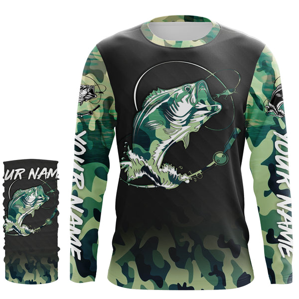 Bass Fishing Bass tattoo green camouflage Custom name Long Sleeve performance Fishing Shirts, personalized Bass Fishing jerseys TMTS039