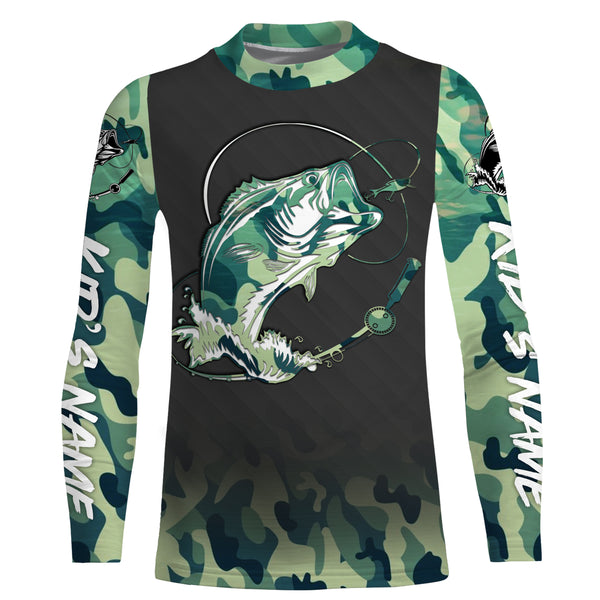 Bass Fishing Bass tattoo green camouflage Custom name Long Sleeve performance Fishing Shirts, personalized Bass Fishing jerseys TMTS039