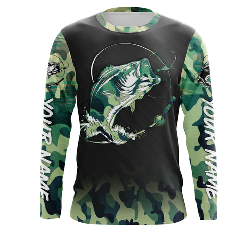 Bass Fishing Bass tattoo green camouflage Custom name Long Sleeve performance Fishing Shirts, personalized Bass Fishing jerseys TMTS039