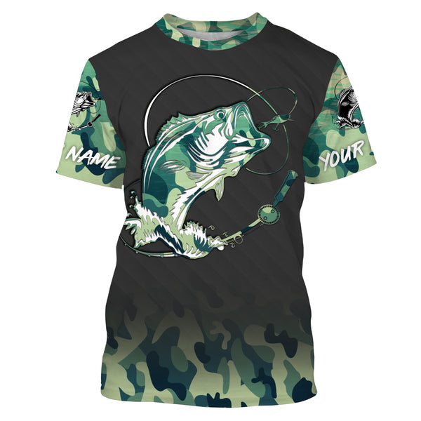 Bass Fishing Bass tattoo green camouflage Custom name Long Sleeve performance Fishing Shirts, personalized Bass Fishing jerseys TMTS039