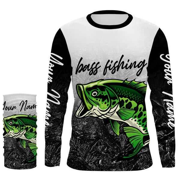 Green Bass Fishing Black Camo Custom Long Sleeve performance Fishing Shirts, Bass tournament Fishing Shirts | TMTS041