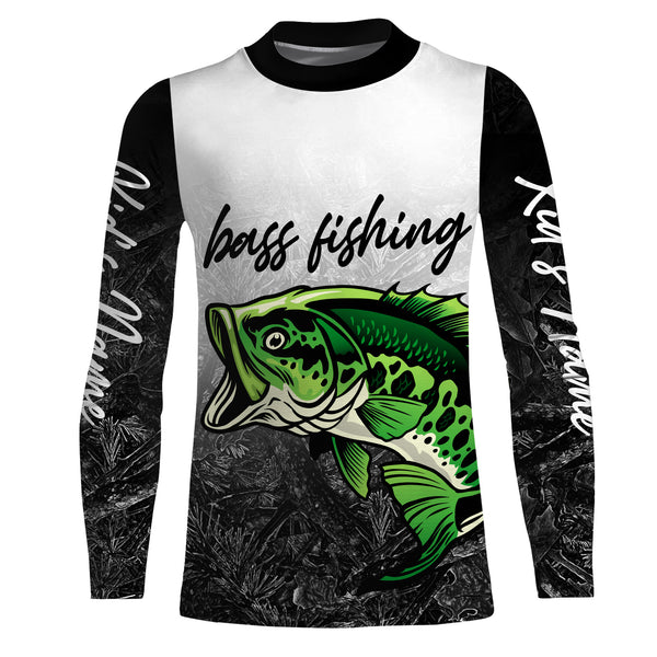 Green Bass Fishing Black Camo Custom Long Sleeve performance Fishing Shirts, Bass tournament Fishing Shirts | TMTS041