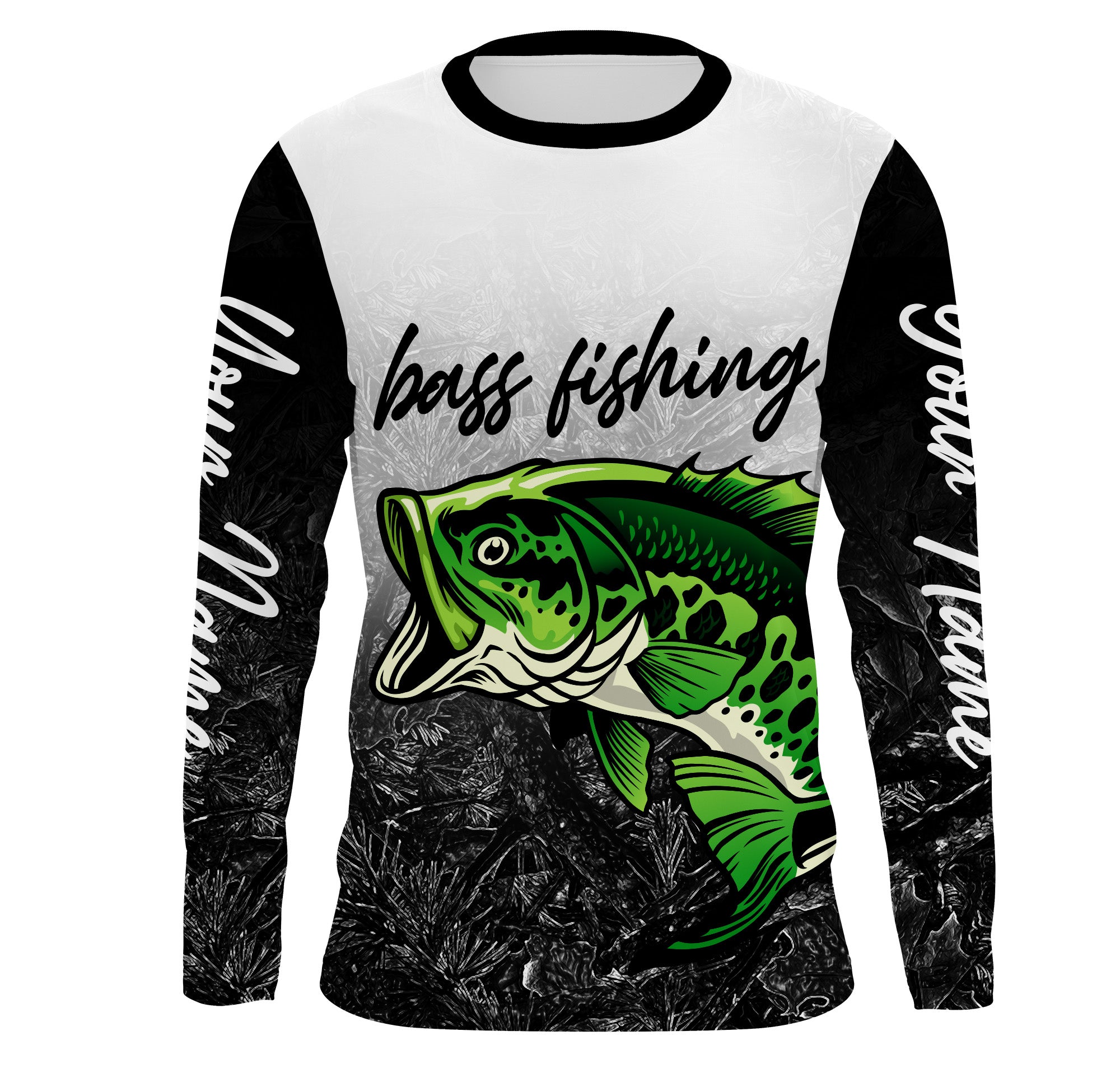 Green Bass Fishing Black Camo Custom Long Sleeve performance Fishing Shirts, Bass tournament Fishing Shirts | TMTS041