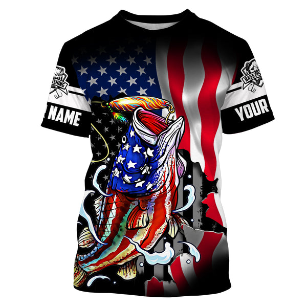 Personalized Largemouth Bass fishing American flag patriotic fishing Custom Name  US flag 3D tournament fishing shirts UV protection UPF 30+ TMTS025